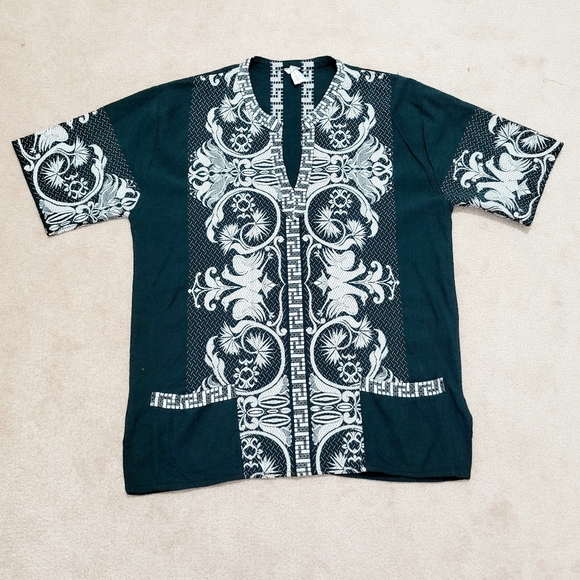 Vintage Giras Woven Embroidered UNISEX Green Pullover Greek Lounge Shirt Size L - Picture 6 of 10